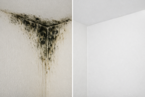 aplicação de água sanitária diluída para remover mofo da parede do banheiro