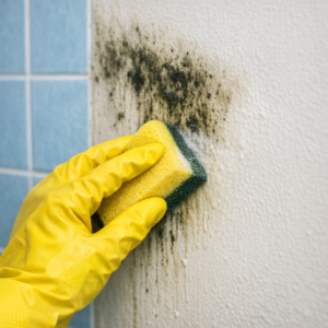 aplicação de água sanitária diluída para remover mofo da parede do banheiro