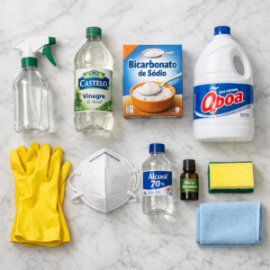 materiais para tirar mofo da parede - vinagre bicarbonato água sanitária luvas máscara